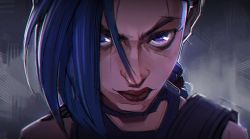 Rule 34 | 1girl, absurdres, arcane: league of legends, arcane jinx, asymmetrical bangs, bare shoulders, blue hair, braid, close-up, closed mouth, commentary, english commentary, gradient background, grey background, highres, jinx (league of legends), league of legends, leonlim (leon), long hair, looking at viewer, portrait, red lips, solo, twin braids