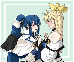 Rule 34 | 1boy, 1girl, angel wings, bare shoulders, black gloves, blonde hair, blue eyes, blue hair, blush, breasts, cleavage, cosplay, couple, crossdressing, detached sleeves, dizzy (guilty gear), dizzy (guilty gear) (cosplay), ebi pri shrimp, fingerless gloves, gloves, guilty gear, guilty gear xrd, hair between eyes, hair ribbon, high ponytail, highres, holding hands, husband and wife, ky kiske, ky kiske (cosplay), long hair, looking at another, medium breasts, monster girl, red eyes, revealing clothes, ribbon, simple background, smile, twintails, white sleeves, wide sleeves, wings, yellow ribbon