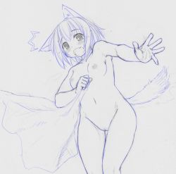 Rule 34 | 1girl, animal ears, blush, breasts, caught, embarrassed, fang, female focus, inubashiri momiji, kasuga yukihito, monochrome, navel, nipples, nude, open mouth, pussy, short hair, sketch, small breasts, solo, tail, tears, touhou, towel, uncensored, wolf ears, wolf tail