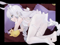 Rule 34 | + +, 1girl, absurdres, animal ears, azur lane, blue eyes, braid, breasts, butterfly hair ornament, chinese commentary, commentary request, couch, drooling, fake animal ears, fake tail, feet, fishing hook, fishing line, hair ornament, hairband, highres, hook, le malin (azur lane), le malin (listless lapin) (azur lane), legs, leotard, long hair, low twin braids, manjuu (azur lane), nanonuo, no shoes, open mouth, pillow, playboy bunny, rabbit ears, rabbit tail, saliva, silver hair, sleeveless, small breasts, soles, spitting, tail, thigh strap, tongue, twin braids, very long hair, wrist cuffs