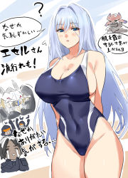 Rule 34 | 1girl, 3boys, ?, absurdres, bare shoulders, blue eyes, blue one-piece swimsuit, blush, breast tattoo, breasts, character request, competition swimsuit, covered navel, ethel (xenoblade), grey hair, hair over one eye, hair strand, highres, large breasts, long hair, multiple boys, negresco, one-piece swimsuit, sideboob, swimsuit, tattoo, translation request, xenoblade chronicles (series), xenoblade chronicles 3