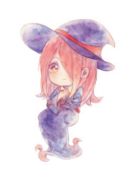 Rule 34 | 1girl, absurdres, blush, chibi, hair over one eye, hand on own chest, hat, highres, little witch academia, long hair, luna nova school uniform, painting (medium), pale skin, pink hair, red eyes, school uniform, simple background, sitting, solo, sucy manbavaran, takeoohnagi, traditional media, watercolor (medium), white background, witch, witch hat