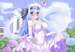 Rule 34 | 1girl, ahoge, alternate breast size, alternate hair length, alternate hairstyle, bare shoulders, blue sky, blush, breasts, bridal gauntlets, church, clothes lift, cloud, cloudy sky, collarbone, colored eyelashes, cross, day, dress, elbow gloves, eyelashes, flower, gloves, green eyes, hair ribbon, hairband, heart, highres, holding, holding clothes, holding skirt, hydrangea, konpaku youmu, large breasts, long hair, looking at viewer, makky, aged up, outdoors, ribbon, silver hair, skirt, skirt hold, skirt lift, sky, smile, solo, spoken heart, touhou, wedding, wedding dress