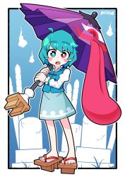 Rule 34 | 1girl, blue eyes, blue hair, blue skirt, blue vest, blush, commentary request, flat chest, full body, geta, graveyard, heterochromia, highres, holding, holding umbrella, juliet sleeves, karakasa obake, long sleeves, looking at viewer, open mouth, puffy sleeves, purple umbrella, red eyes, shirt, short hair, skirt, solidus (sword cube), solo, tatara kogasa, tombstone, tongue, touhou, umbrella, vest, white shirt