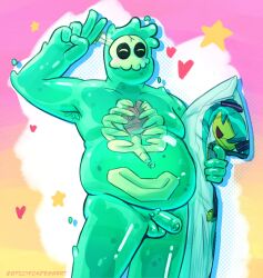 Rule 34 | 1boy, ^ ^, armpit hair, armpits, bara, big belly, blush stickers, character print, closed eyes, colored skin, completely nude, dakimakura (object), doug (monster prom), fat, fat man, green skin, happy, hatsune miku, heart, highres, hugging object, male focus, merchandise, monster boy, monster prom, nude, object through head, otaku, penis, pillow, pillow hug, see-through, slime boy, solo, spicyfoxdessert, sword in head, tareme, uncensored, v, vocaloid