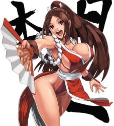 Rule 34 | 1girl, armpits, breasts, brown hair, fatal fury, folding fan, hand fan, highres, large breasts, long hair, open mouth, ponytail, revealing clothes, shinonome (game hakkutsu tai), shiranui mai, simple background, solo, white background