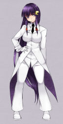 Rule 34 | 1girl, alternate costume, aoshima, black necktie, breasts, collared shirt, crescent, crescent hair ornament, eyelashes, formal, gloves, hair ornament, hair ribbon, hand on own hip, head tilt, highres, large breasts, lips, long hair, long sleeves, looking at viewer, necktie, pant suit, pants, patchouli knowledge, purple eyes, purple hair, ribbon, shirt, shoes, simple background, smile, smirk, solo, suit, tailcoat, touhou, tress ribbon, tuxedo, very long hair, vest, white footwear, white gloves, white suit