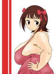 Rule 34 | 1girl, amami haruka, bad id, bad pixiv id, bow, breasts, brown eyes, brown hair, eleven929rr, fat, hair bow, hand on own hip, huge breasts, idolmaster, idolmaster (classic), looking back, simple background, skindentation, solo, white background