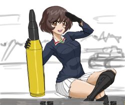 Rule 34 | 1girl, :d, akiyama yukari, black footwear, blouse, blue jacket, blurry, blurry background, boots, brown eyes, commentary, crossed legs, english commentary, girls und panzer, gloves, green shirt, highres, jacket, jos91doodles, long sleeves, messy hair, military vehicle, motor vehicle, mountainous horizon, ooarai military uniform, open mouth, pleated skirt, salute, shirt, skirt, smile, solo, tank, tank shell, thick thighs, thighs, white skirt