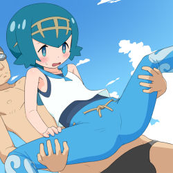Rule 34 | 10s, 1boy, 1girl, bare shoulders, blue eyes, blue hair, blunt bangs, child, cloud, collarbone, creatures (company), day, dutch angle, flat chest, game freak, hairband, held up, holding, lana (pokemon), looking down, nintendo, nipples, outdoors, pokemon, pokemon sm, sky, spread legs, swimmer (pokemon), tomboo