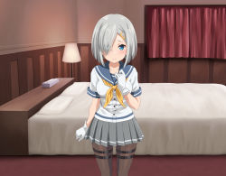 Rule 34 | 1girl, bed, bedroom, black pantyhose, blue eyes, breasts, gloves, grey hair, grey skirt, hair ornament, hair over one eye, hairclip, hamakaze (kancolle), highres, indoors, kantai collection, large breasts, miniskirt, miracan, neckerchief, pantyhose, pleated skirt, school uniform, serafuku, short hair, short sleeves, skirt, solo, standing, thigh strap, white gloves, yellow neckerchief