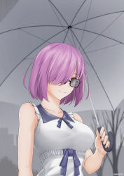 Rule 34 | 1girl, absurdres, alternate costume, fate/grand order, fate (series), hair over one eye, highres, looking at viewer, mash kyrielight, purple eyes, purple hair, rain, satyarizqy, short hair, smile, solo, umbrella, upper body