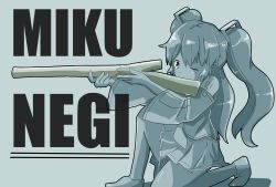 Rule 34 | 1girl, absurdres, aiming, bare shoulders, black skirt, character name, commentary, detached sleeves, english text, food, hair ornament, hatsune miku, highres, holding, holding food, holding spring onion, holding vegetable, kneeling, kotatsune, long hair, monochrome, one eye closed, pleated skirt, shirt, shoulder tattoo, skirt, sleeveless, sleeveless shirt, solo, spot color, spring onion, tattoo, twintails, vegetable, vocaloid