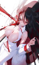 Rule 34 | 1girl, belt, blood, blood on face, breasts, breasts out, closed mouth, detached sleeves, hair between eyes, highres, ichibi, large breasts, long hair, looking at viewer, lying, navel, on back, original, pants, red eyes, sleeveless, swept bangs, very long hair