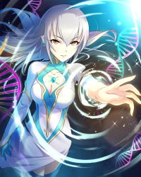 Rule 34 | 10s, 1girl, artist request, breasts, brown eyes, cleavage, collarbone, dress, earrings, expressionless, fingernails, gloves, idolmaster, idolmaster cinderella girls, jewelry, long fingernails, long hair, looking at viewer, official art, outstretched arm, silver hair, solo, takamine noa, thighhighs