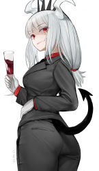 Rule 34 | 1girl, alcohol, ass, black jacket, black necktie, black pants, black tail, breasts, business suit, collared shirt, cup, demon girl, demon horns, demon tail, drinking glass, formal, gloves, hair ornament, hand on own hip, helltaker, highres, holding, holding cup, horns, jacket, long hair, long sleeves, looking at viewer, looking back, lucifer (helltaker), medium breasts, mole, mole under eye, monster girl, necktie, neckwear request, nyatabe, pants, red eyes, red shirt, shirt, simple background, smile, smirk, solo, suit, tail, upper body, very long hair, white background, white gloves, white hair, white horns, wine, wine glass