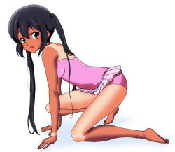 Rule 34 | 1girl, all fours, barefoot, black hair, brown eyes, casual one-piece swimsuit, dark-skinned female, dark skin, feet, from side, full body, k-on!, legs, long hair, looking at viewer, nakano azusa, one-piece swimsuit, open mouth, pink one-piece swimsuit, ru pickman, shirt tan, shorts tan, simple background, solo, swimsuit, tan, tanline, twintails, white background