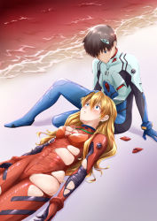 Rule 34 | 1boy, 1girl, absurdres, aged up, arm support, baumku techen, beach, black hair, blue eyes, blush, bodysuit, breasts, brown hair, closed mouth, couple, embarrassed, evangelion: 3.0+1.0 thrice upon a time, from above, hair between eyes, hair down, hair ornament, hairclip, headgear, unworn headgear, headpat, hetero, highres, ikari shinji, interface headset, lap pillow, long hair, looking at another, looking at viewer, medium breasts, neon genesis evangelion, open mouth, orange hair, parted lips, plugsuit, rebuild of evangelion, red bodysuit, shiny clothes, shiny skin, short hair, smile, souryuu asuka langley, torn bodysuit, torn clothes, tsundere, very long hair, water, wide hips