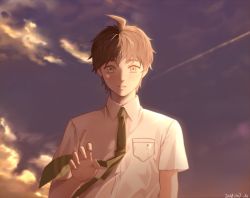 Rule 34 | 1boy, ahoge, arm at side, bad id, bad twitter id, breast pocket, brown eyes, brown hair, cloud, commentary request, danganronpa (series), danganronpa 2: goodbye despair, dated, green necktie, hand up, hinata hajime, looking at viewer, male focus, meipoi, necktie, open mouth, outdoors, pocket, shirt, short hair, short sleeves, signature, sky, solo, striped, upper body, white shirt