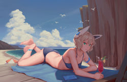 Rule 34 | 1girl, armband, barefoot, beach, beach towel, beach umbrella, bigrbear, bikini, bird, blonde hair, blue bikini, blue towel, breasts, cellphone, cleavage, cliff, cloud, cloudy sky, collarbone, cup, day, drinking glass, green eyes, hair between eyes, highres, holding, holding cup, hurricane glass, legband, lying, mecha musume, mechanical ears, medium breasts, mountain, ocean, on stomach, original, outdoors, parted lips, phone, revision, seagull, short hair, sky, solo, swimsuit, the pose, towel, tropical drink, umbrella