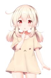 Rule 34 | 1girl, :o, ahoge, bare legs, blonde hair, blush, child, collarbone, commentary request, cowboy shot, dress shirt, finger to mouth, genshin impact, highres, klee (genshin impact), long hair, looking at viewer, loungewear, pointy ears, red eyes, shirt, short sleeves, sidelocks, simple background, solo, standing, tutsucha illust, twintails, white background, wide sleeves