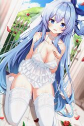 Rule 34 | 1girl, absurdres, bare arms, bare shoulders, blue eyes, blue hair, breasts, choker, cleavage, collarbone, commission, dress, dutch angle, frilled dress, frilled thighhighs, frills, garter straps, hair ribbon, hair rings, halterneck, hand on own chest, highres, large breasts, long hair, looking at viewer, multi-strapped dress, no shoes, open mouth, original, petals, ribbon, second-party source, seiza, short dress, sitting, sleeveless, sleeveless dress, smile, solo, spaghetti strap, thighhighs, thighs, very long hair, w.k, white choker, white dress, white thighhighs, yuksi (yuksi), zettai ryouiki