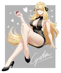 Rule 34 | 1girl, absurdres, bare arms, black dress, black footwear, blonde hair, border, breasts, character name, closed mouth, commentary, creatures (company), crossed legs, cynthia (pokemon), dress, earrings, full body, game freak, grey background, grey eyes, hair ornament, hair over one eye, hand up, hanny (uirusu chan), heart, high heels, highres, holding, holding poke ball, jewelry, large breasts, long hair, nintendo, poke ball, poke ball (basic), pokemon, pokemon dppt, short dress, smile, solo, very long hair, wavy hair, white border