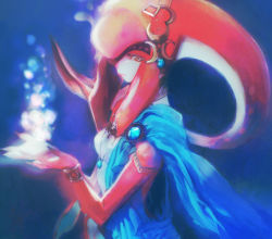 Rule 34 | 1girl, blue robe, bracelet, bubble, closed mouth, colored skin, crescent, crescent pin, hair ornament, jewelry, long hair, looking at viewer, mipha, monster girl, nintendo, red eyes, red hair, red skin, robe, solo, submerged, tentacle hair, the legend of zelda, the legend of zelda: breath of the wild, underwater, upper body, yaku (ziroken), zora