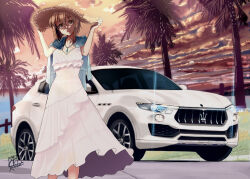 Rule 34 | 1girl, absurdres, artist name, blue cardigan, breasts, brown hair, cardigan, cardigan on shoulders, cloud, dress, glowing, hair between eyes, hand on headwear, hat, head tilt, highres, jewelry, looking at viewer, maserati, maserati levante, mistrail, necklace, original, outdoors, palm tree, shadow, sky, small breasts, smile, solo, sports utility vehicle, straw hat, sun hat, tree, vehicle focus, white dress