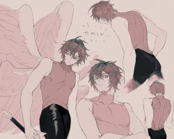 Rule 34 | 1boy, ahoge, ass, back, bishounen, brown hair, commentary, commentary request, feathered wings, from behind, from side, granblue fantasy, highres, holding, holding sword, holding weapon, hrmnmach, latex pants, male focus, messy hair, multiple views, pants, partially undressed, red eyes, sandalphon (granblue fantasy), shiny pantyhose, short hair, simple background, sleeveless, sleeveless turtleneck, sword, tight clothes, tight pants, toned, toned male, translation request, turtleneck, weapon, wings