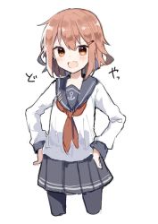 Rule 34 | 1girl, :d, anchor symbol, bad id, bad twitter id, blue sailor collar, blush, brown hair, commentary request, cowboy shot, doyagao, fang, grey pantyhose, grey skirt, hair ornament, hairclip, hands on own hips, ikazuchi (kancolle), ikeuchi tanuma, kantai collection, looking at viewer, neckerchief, open mouth, orange eyes, pantyhose, red neckerchief, sailor collar, shirt, short hair, simple background, skin fang, skirt, smile, smug, solo, white background, white shirt