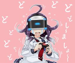 Rule 34 | 10s, 1girl, ahoge, blouse, bouncing breasts, breasts, commentary request, confused, crying, flying sweatdrops, game console, glowing, hair ribbon, head-mounted display, holding, kantai collection, long hair, long sleeves, low twintails, medium breasts, motion blur, motion lines, necktie, pink background, playstation vr, purple hair, red background, red necktie, ribbon, school uniform, serafuku, shirt, simple background, sketch, solo, streaming tears, sweat, nervous sweating, taigei (kancolle), tears, tk8d32, twintails, upper body, virtual reality, wavy mouth, white ribbon, white shirt