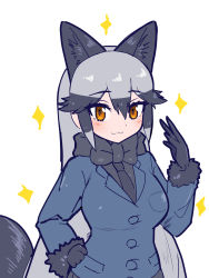 Rule 34 | 1girl, :3, animal ears, aramaru, black bow, black bowtie, black gloves, black hair, black necktie, black shirt, blazer, blue jacket, bow, bowtie, brown eyes, closed mouth, commentary, extra ears, fox ears, fox tail, fur-trimmed sleeves, fur collar, fur trim, gloves, gradient hair, grey hair, hand on own hip, highres, jacket, kemono friends, long hair, long sleeves, looking at viewer, multicolored hair, necktie, shirt, silver fox (kemono friends), simple background, smile, solo, sparkle, tail, upper body, very long hair, white background