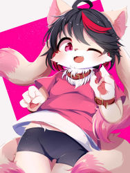 Rule 34 | 1girl, absurdres, ahoge, black hair, blush, child, colalr, collar, fang, furry, highres, ne (nefuraito336), one eye closed, open mouth, red collar, shorts, tail, wink