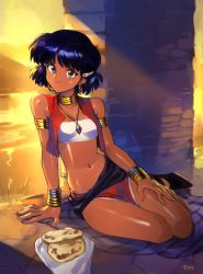 Rule 34 | 1girl, arm support, bandeau, blue eyes, blue hair, bracelet, bread, breasts, closed mouth, collar, dark-skinned female, dark skin, earrings, food, fushigi no umi no nadia, hand on own thigh, head tilt, jewelry, looking at viewer, nadia la arwall, necklace, on floor, optionaltypo, river, short hair, sitting, small breasts, smile, solo, strapless, tube top, white bandeau