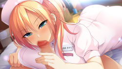 Rule 34 | 1boy, 1girl, artist request, blonde hair, blush, breast press, breasts, censored, character request, dutch angle, eyes visible through hair, fellatio, fingernails, game cg, green eyes, hat, hetero, looking at viewer, mosaic censoring, nurse, nurse cap, oral, penis, pov, solo focus, source request, tagme