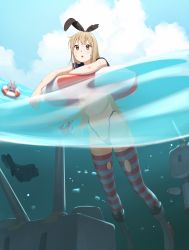 Rule 34 | &gt; &lt;, 10s, 1girl, :o, absurdres, aconitea, anchor hair ornament, bad id, bad pixiv id, blonde hair, boots, brown eyes, closed eyes, cloud, day, g-string, grey footwear, hair ornament, hair ribbon, highres, innertube, kantai collection, long hair, microskirt, navel, outdoors, panties, partially submerged, pleated skirt, rensouhou-chan, ribbon, scrape, shimakaze (kancolle), skirt, smile, striped clothes, striped thighhighs, swim ring, thighhighs, thong, torn clothes, underwear, unworn skirt, very long hair, water, wet