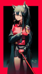 Rule 34 | 1girl, absurdres, animal ear fluff, animal ears, arknights, black coat, black hair, black shorts, border, brown necktie, cigarette, coat, collared shirt, dated, hair between eyes, highres, lemtun, long hair, long sleeves, looking at viewer, necktie, official alternate costume, open clothes, open coat, outside border, red border, red eyes, red shirt, shirt, shorts, sidelocks, signature, single off shoulder, smoking, solo, tail, texas (arknights), texas (willpower) (arknights), wolf ears, wolf girl, wolf tail