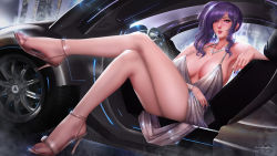 Rule 34 | 1girl, azur lane, backless dress, backless outfit, bare shoulders, blue hair, blue nails, blush, bracelet, breasts, building, car, car interior, cityscape, cleavage, commentary, crossed legs, dress, earrings, english commentary, evening gown, grey dress, hair ornament, hairclip, halter dress, halterneck, high heels, jewelry, large breasts, legs, looking at viewer, motor vehicle, nail polish, necklace, night, night sky, outdoors, parted lips, pink eyes, plunging neckline, revealing clothes, side ponytail, sidelocks, silver dress, sky, skyscraper, st. louis (azur lane), st. louis (luxurious wheels) (azur lane), thighs, turewindwalker, updo, vehicle