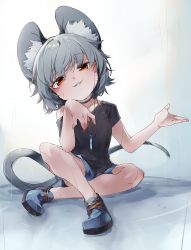 Rule 34 | 1girl, alternate costume, animal ear fluff, animal ears, bare arms, bare legs, bare shoulders, black shirt, blue shirt, blue shorts, blush, choker, crossed legs, full body, grey hair, grin, half-closed eyes, hand on own chin, hand up, head tilt, highres, kibayashi kimori, knee up, mouse ears, mouse tail, nazrin, off shoulder, painting (medium), rain, red eyes, shirt, shoes, short hair, short sleeves, shorts, sitting, smile, smug, solo, spread legs, tail, touhou, traditional media, water, watercolor (medium), wet, wet face, wet hair