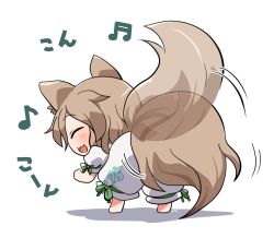 Rule 34 | 1girl, afterimage, animal ears, barefoot, beamed sixteenth notes, blush, eighth note, closed eyes, fox ears, fox tail, green ribbon, kudamaki tsukasa, light brown hair, motion lines, musical note, open mouth, ribbon, rokugou daisuke, romper, short hair, short sleeves, signature, simple background, smile, solo, tail, touhou, white background, white romper