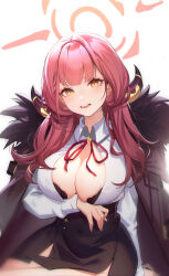 1girl absurdres arm_under_breasts aru_(blue_archive) black_bra black_skirt blue_archive bra breasts brown_horns chinese_commentary cleavage coat collared_shirt commentary_request fur-trimmed_coat fur_trim halo highres horns large_breasts long_hair long_sleeves looking_at_viewer open_mouth pencil_skirt pink_hair q18607 red_halo shirt simple_background skirt smile solo underwear white_background white_shirt yellow_eyes