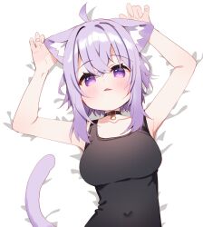 Rule 34 | 1girl, ahoge, animal ear fluff, animal ears, armpits, arms up, bare arms, bed sheet, black collar, black one-piece swimsuit, blush, breasts, cat ears, cat girl, cat tail, collar, collarbone, covered navel, fang, fang out, hair between eyes, highres, hololive, looking at viewer, lying, medium breasts, meito (maze), nekomata okayu, on back, one-piece swimsuit, parted lips, purple eyes, purple hair, solo, swimsuit, tail, virtual youtuber
