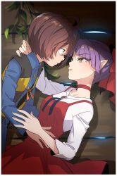 Rule 34 | 1boy, 1girl, absurdres, arm around neck, blue ribbon, blue shirt, border, bow, brown hair, closed mouth, collarbone, collared shirt, couple, dress, dress shirt, eye contact, gegege no kitarou, gem, hair bow, hetero, highres, imminent kiss, kitarou, long sleeves, looking at another, nekomusume, nekomusume (gegege no kitarou 6), orange ribbon, parted lips, pinafore dress, pointy ears, purple hair, red bow, red dress, red gemstone, ribbon, shirt, short hair, silanduqiaocui, sleeveless, sleeveless dress, white border, white shirt, wing collar, wooden wall, yellow eyes