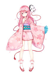 Rule 34 | 1girl, absurdres, alternate costume, circle, closed mouth, commentary, expressionless, floral print, flower, folding fan, full body, hair flower, hair ornament, hand fan, hand up, hanen (borry), hata no kokoro, head tilt, highres, japanese clothes, jitome, kimono, long hair, looking at viewer, noh mask, obi, petals, pigeon-toed, pink eyes, pink hair, pink kimono, plaid, red footwear, sandals, sash, short kimono, simple background, sleeves past fingers, sleeves past wrists, solo, standing, strap, tabi, touhou, triangle, x