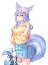 Rule 34 | 1girl, alternate costume, animal ears, arknights, bag, bare shoulders, blue skirt, braid, casual, commentary, hair between eyes, hair ornament, hand up, highres, holding, holding bag, large tail, long hair, looking at viewer, miniskirt, minuo, off-shoulder shirt, off shoulder, pleated skirt, provence (arknights), purple hair, shirt, simple background, single braid, skirt, smile, solo, tail, white background, wolf ears, wolf tail, yellow eyes, yellow shirt