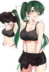 Rule 34 | 1girl, blush, bra, breasts, cleavage, fire emblem, fire emblem: the blazing blade, green eyes, green hair, high ponytail, highres, long hair, lyn (fire emblem), navel, nintendo, one eye closed, ormille, panties, ponytail, shorts, solo, underwear, undressing