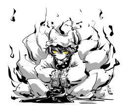 Rule 34 | 1girl, female focus, fox tail, greyscale, hands in opposite sleeves, hat, hat with ears, monochrome, multiple tails, nyoron (fudegatana), sitting, slit pupils, solo, spot color, tabard, tail, touhou, yakumo ran, yellow eyes