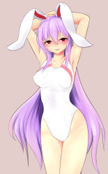 Rule 34 | 1girl, animal ears, armpits, arms up, blush, collarbone, competition swimsuit, covered erect nipples, floating hair, grey background, hair between eyes, highleg, highleg swimsuit, highres, long hair, nama shirasu, one-piece swimsuit, parted lips, purple hair, rabbit ears, red eyes, reisen udongein inaba, shiny skin, simple background, solo, standing, swimsuit, touhou, very long hair, white one-piece swimsuit