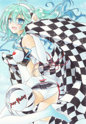 Rule 34 | 1girl, :d, ass, blue eyes, blue hair, boots, elbow gloves, floating hair, fujiwara minaho, gloves, gradient hair, hair between eyes, hairband, hatsune miku, headphones, high heel boots, high heels, leotard, long hair, marker (medium), multicolored hair, open mouth, racing miku, smile, solo, standing, standing on one leg, thigh boots, thighhighs, traditional media, very long hair, vocaloid, watermark, white footwear, white gloves, white hairband, white leotard